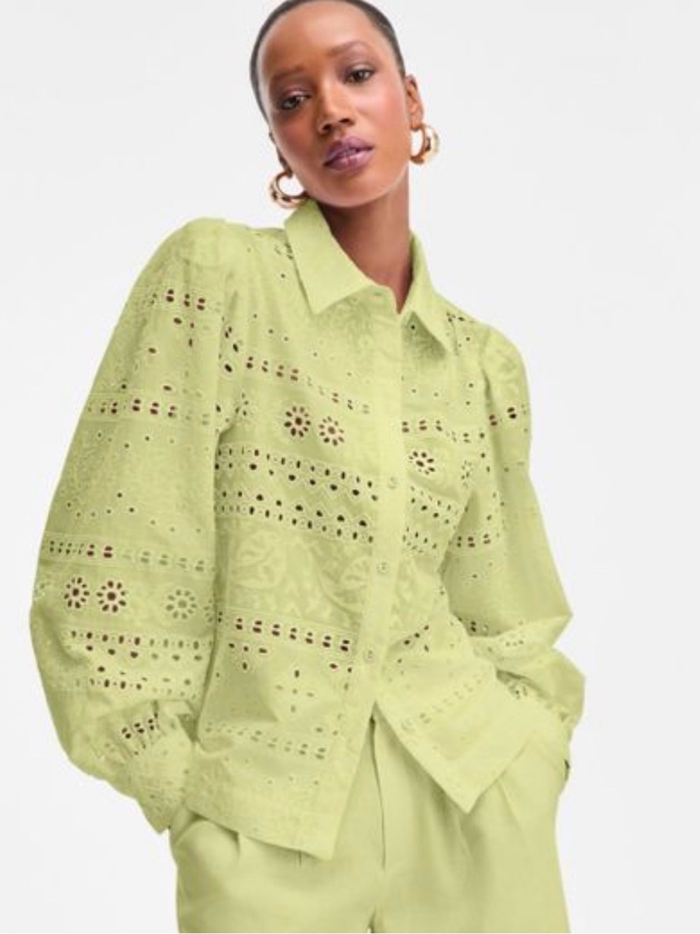 INC Cotton Eyelet Blouson-Sleeve Blouse, Medium